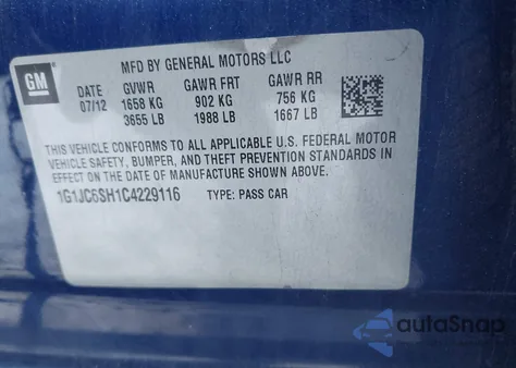 2012 Chevrolet Sonic 2Lt z USA, uszkodzony, nr VIN 1G1JC6SH1C4229116